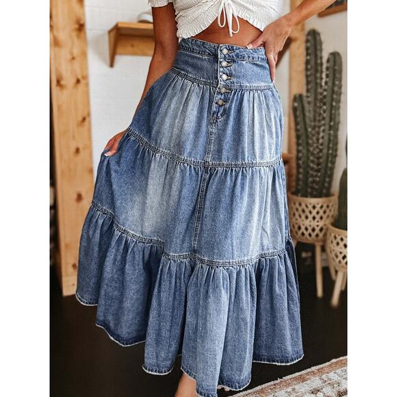 Ships Monday😁 Boho Denim Maxi Skirt Size L - Picture 1 of 3